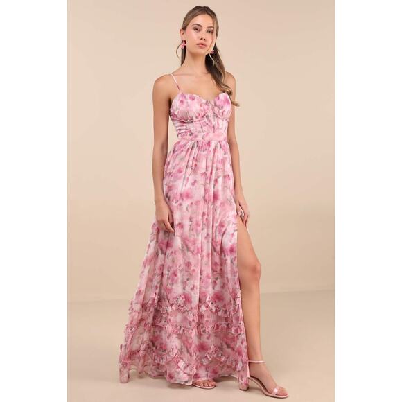 NWT Lulus Novella Pink Floral Ruffled Bustier Lace-Up Maxi Dress Gala Size S - Picture 10 of 11